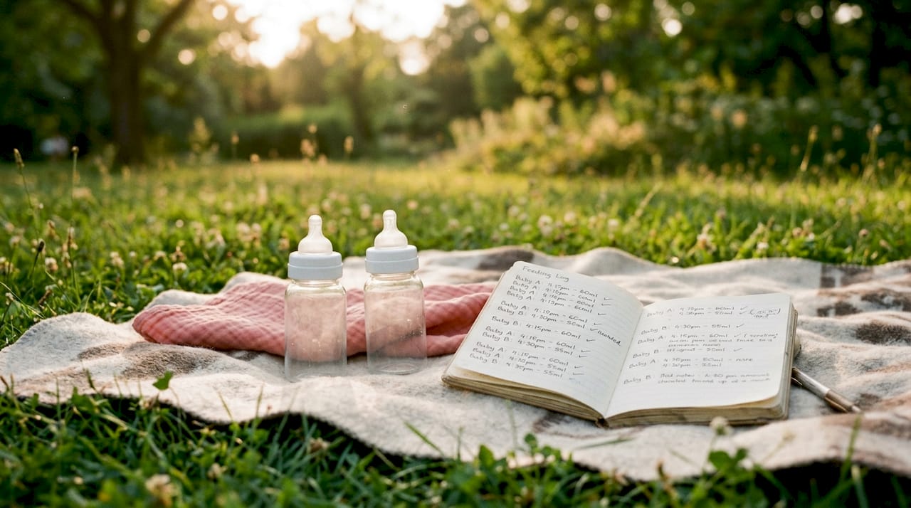 Twin feeding bottles and detailed feeding logs