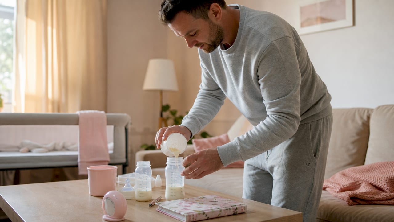 Father preparing twin feeding bottles