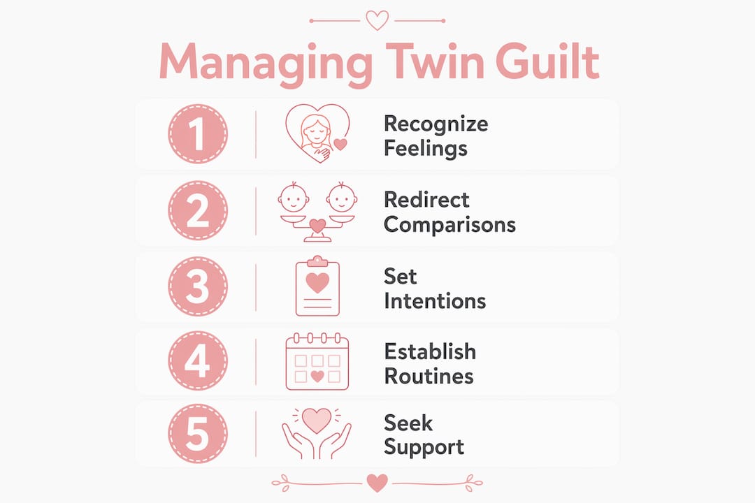 Infographic outlining steps to manage twin parenting guilt