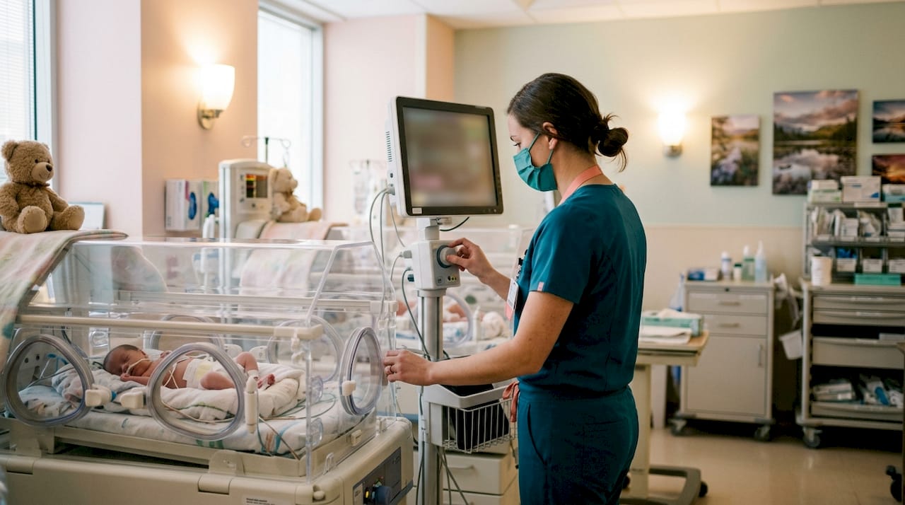 Nurse monitoring twins in NICU incubators