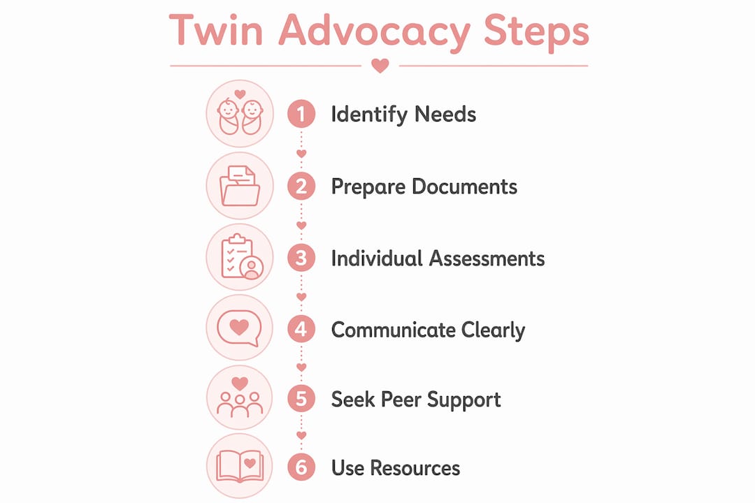 Infographic detailing key twin parent advocacy steps