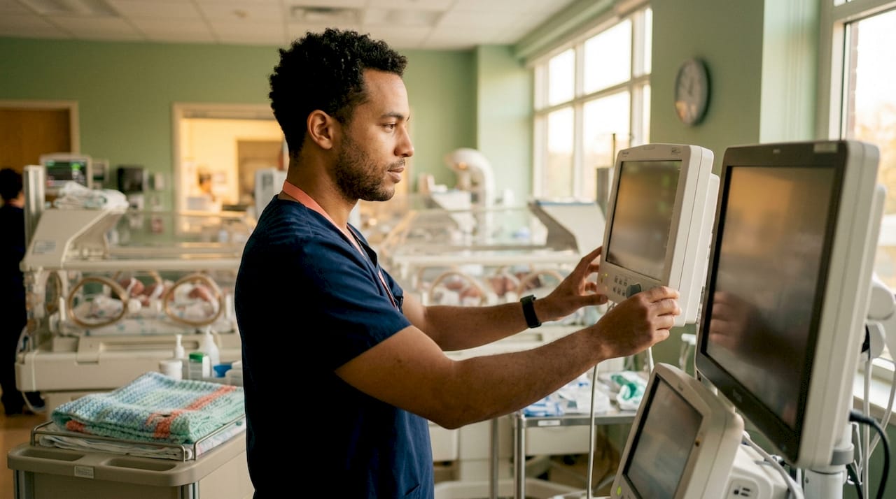 Neonatal nurse monitoring premature twins in NICU