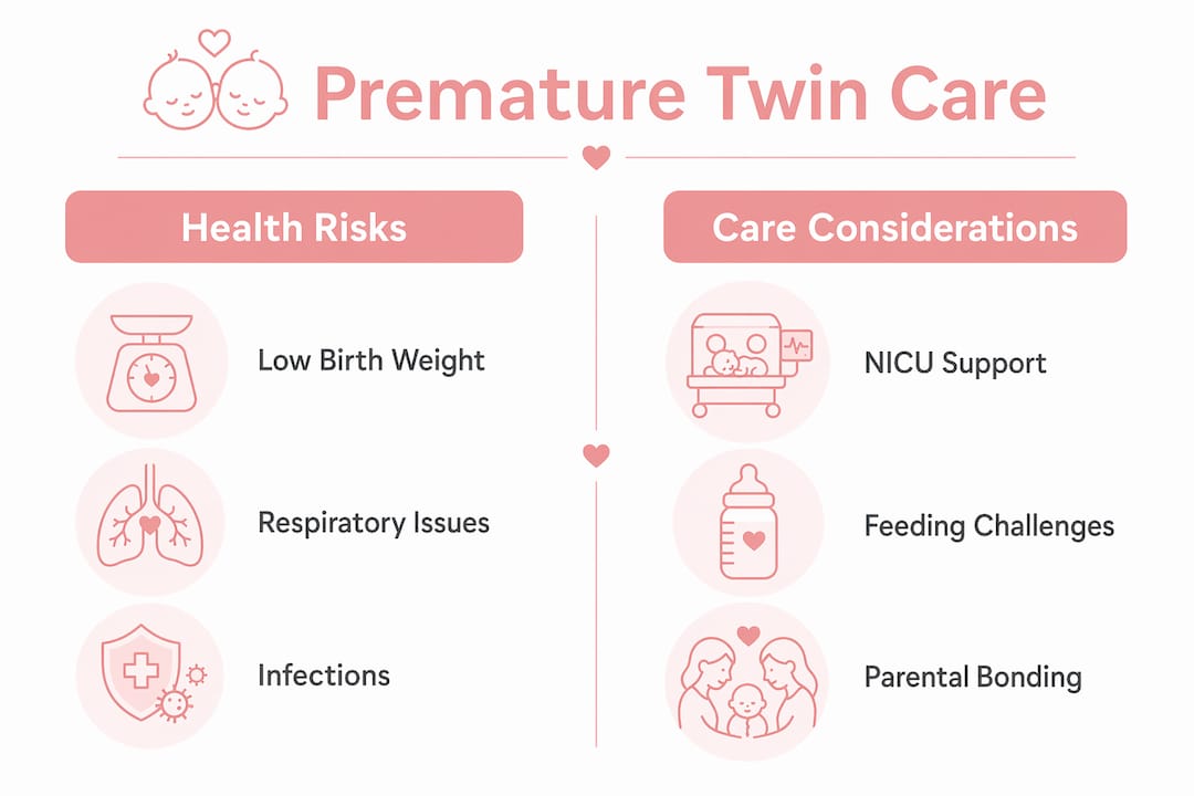 Infographic comparing risks and care in premature twins