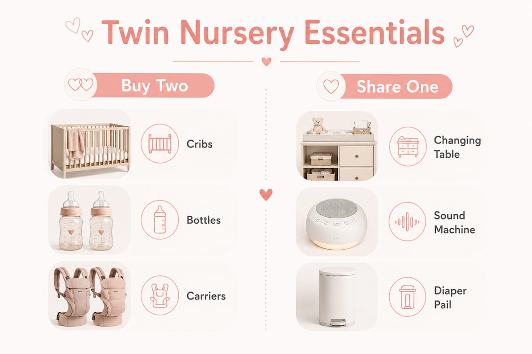 Infographic comparing twin nursery buy two vs share one items