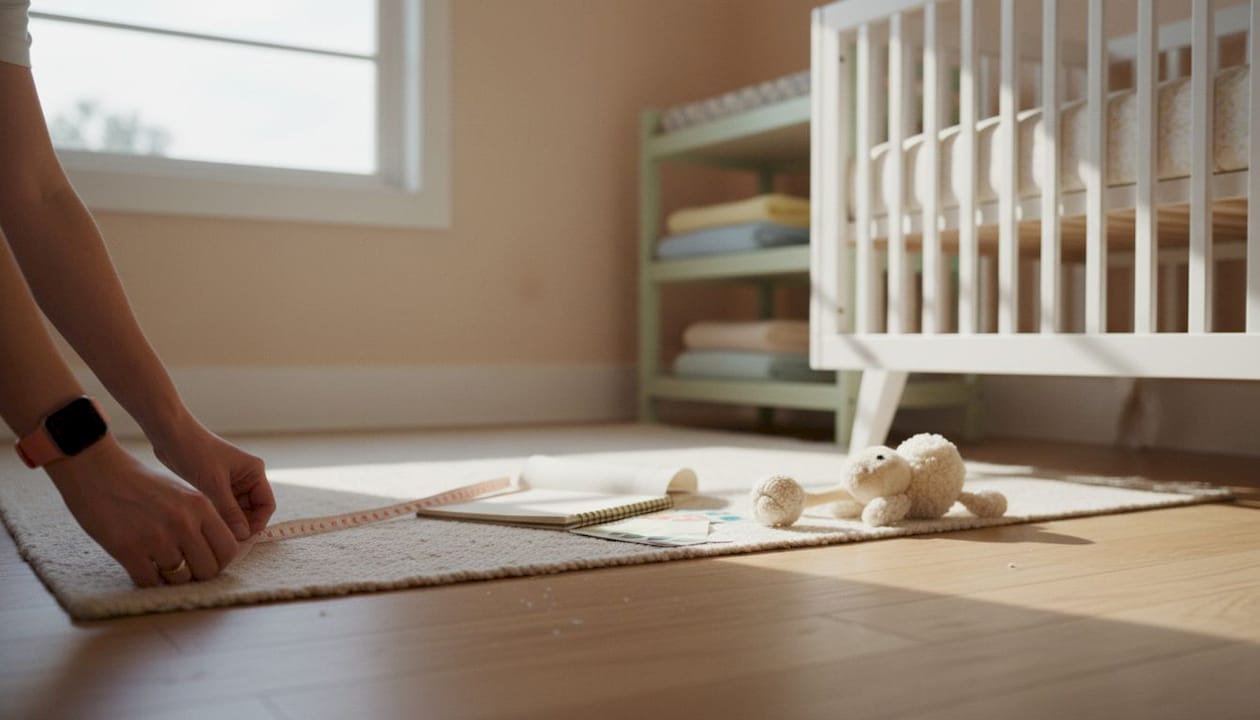 Hands measuring nursery space between furniture