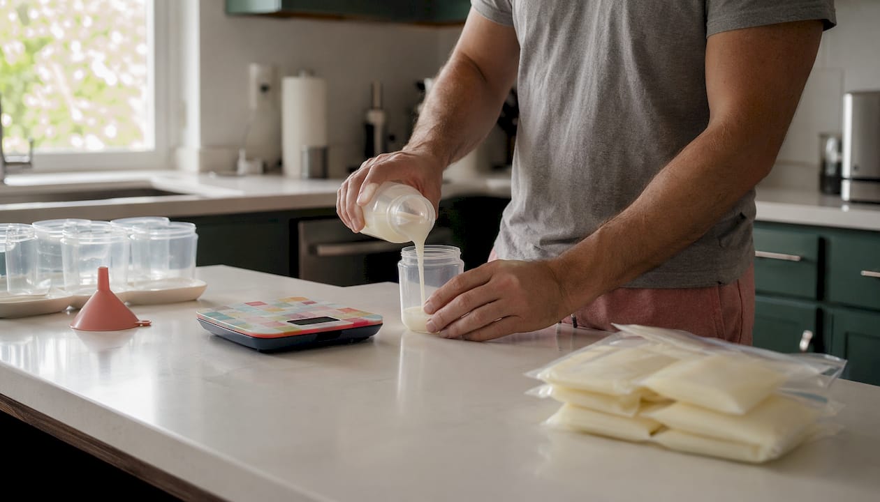 Father measuring milk into small containers