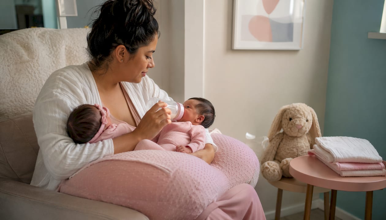 Mother feeding newborn twins simultaneously in nursery