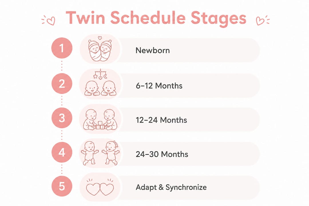 Infographic illustrating twin developmental schedule stages
