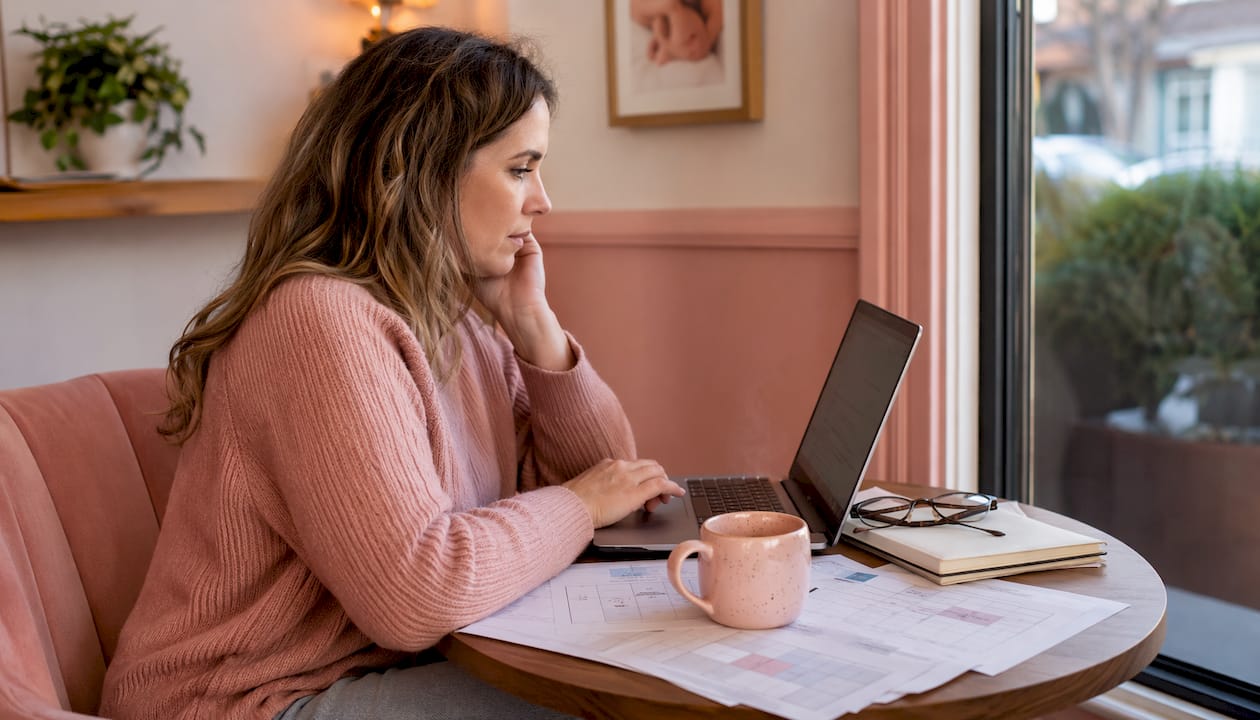 Woman comparing motherhood websites on laptop at home office