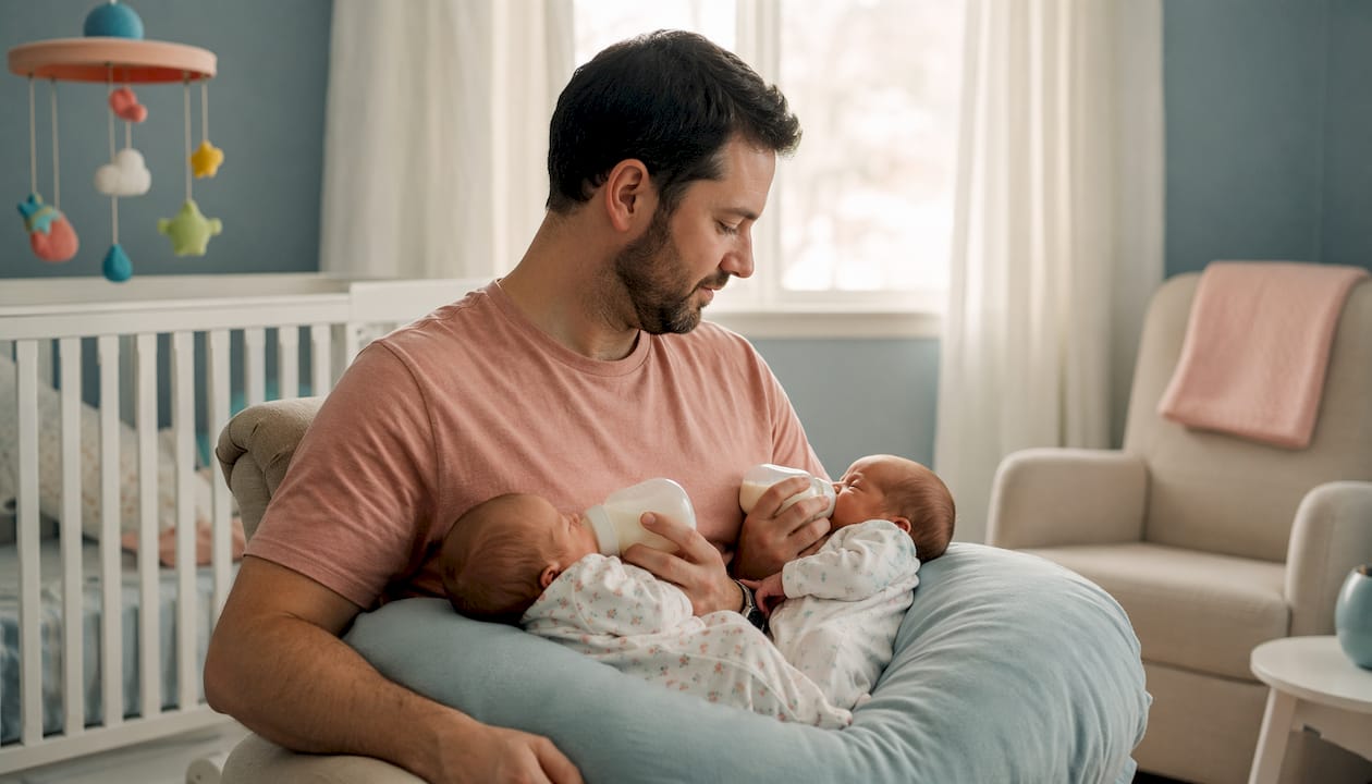 Overhead view of parent bottle-feeding twin babies