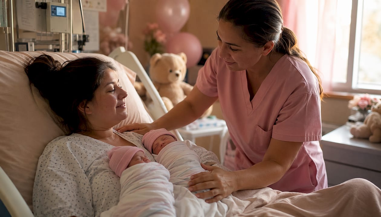 Nurse supporting mother during postpartum recovery