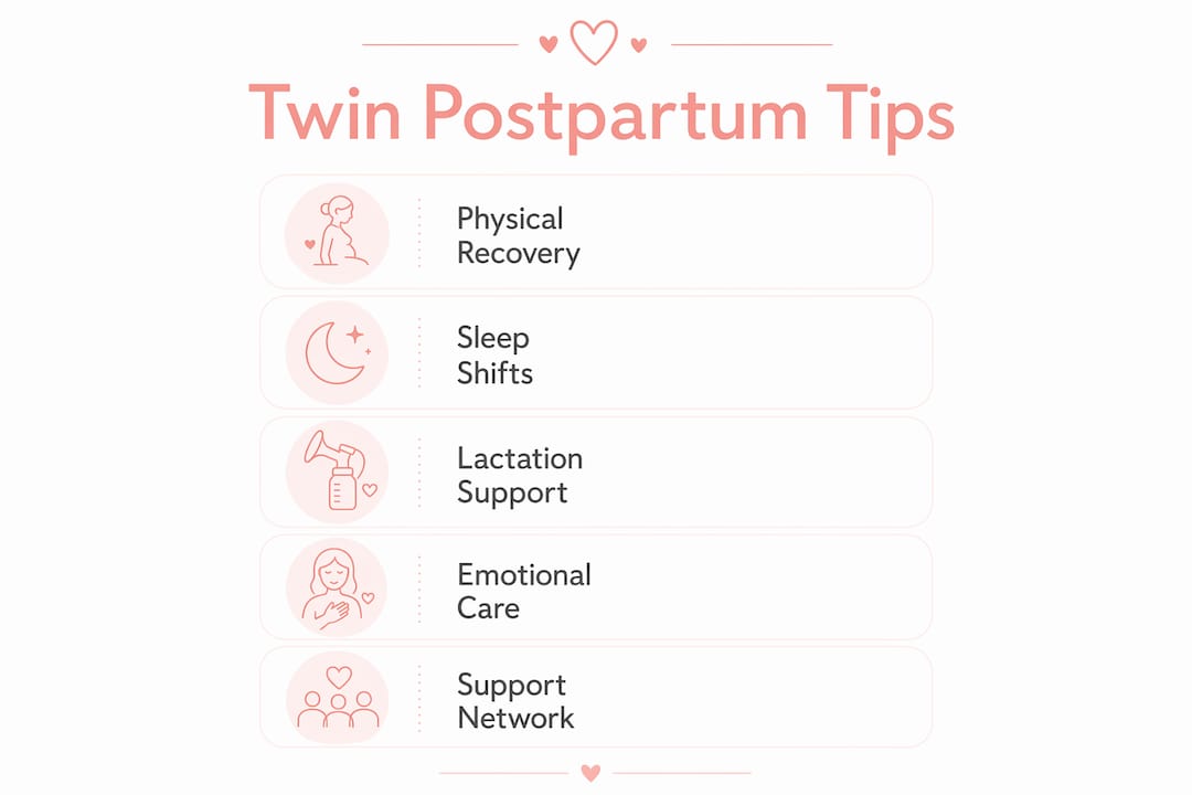 Infographic illustrating key twin postpartum care steps