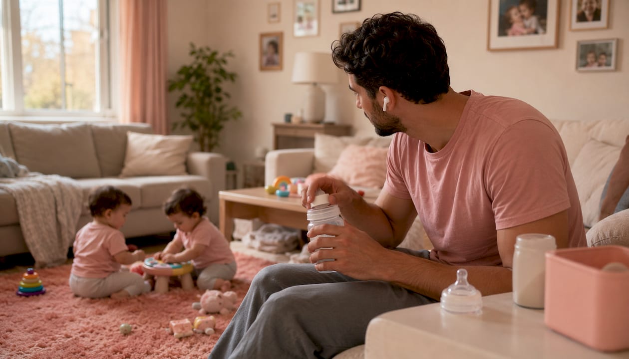 Father listening to twin podcast while caring twins
