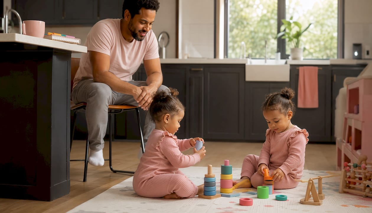 Father watching twin girls play toys synchronously