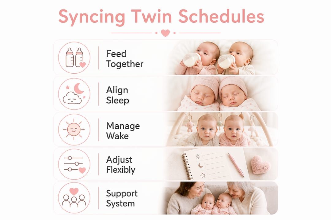 Infographic showing steps to syncing twin feeding and sleep schedules