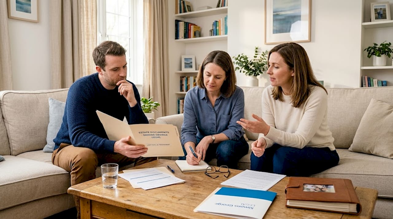 Family discussing estate caveat in living room