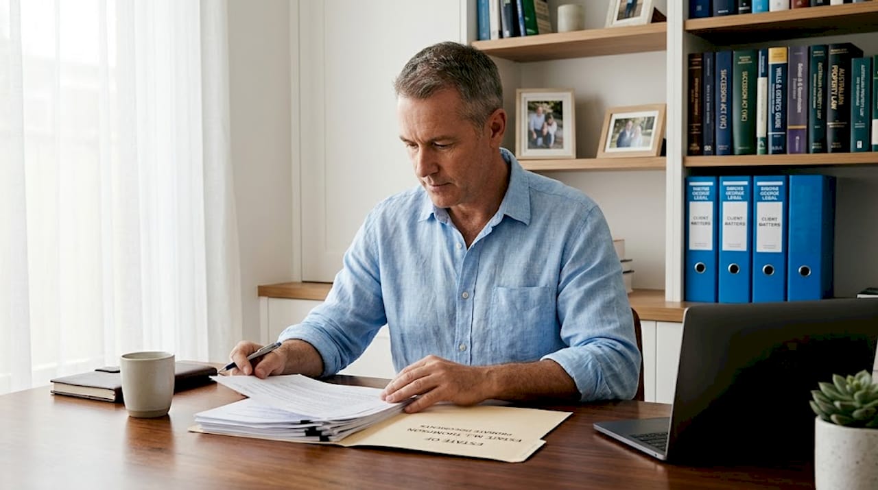 Man reviewing probate papers at home table