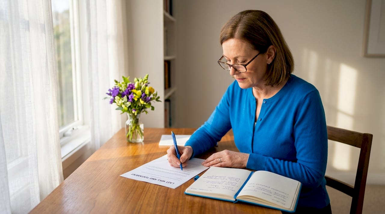 Woman writing will for blended family