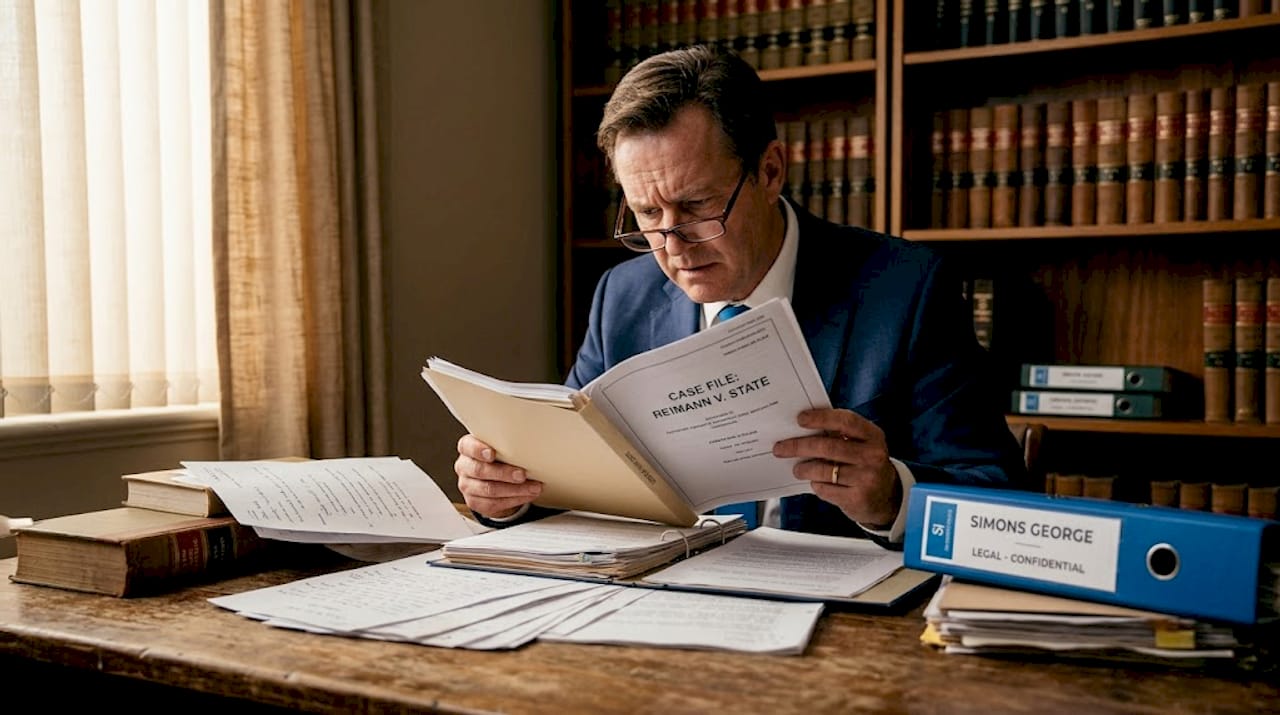 Man handling legal papers in courtroom