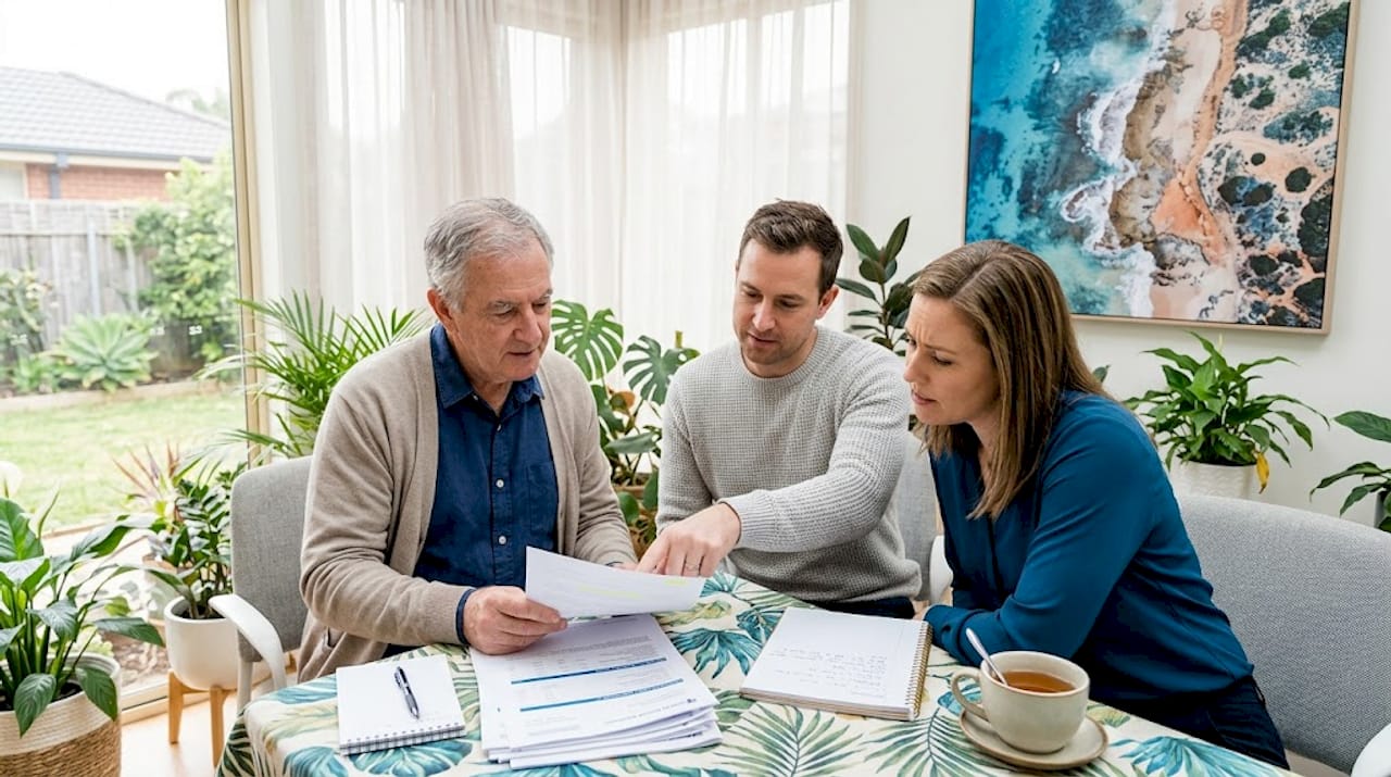 Family discussing inheritance in living room