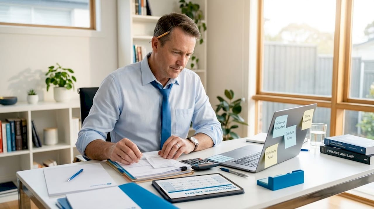 Executor sorting estate paperwork at home table