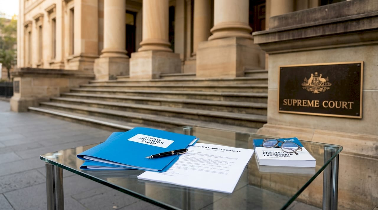 Legal documents on table in front of Supreme Court building