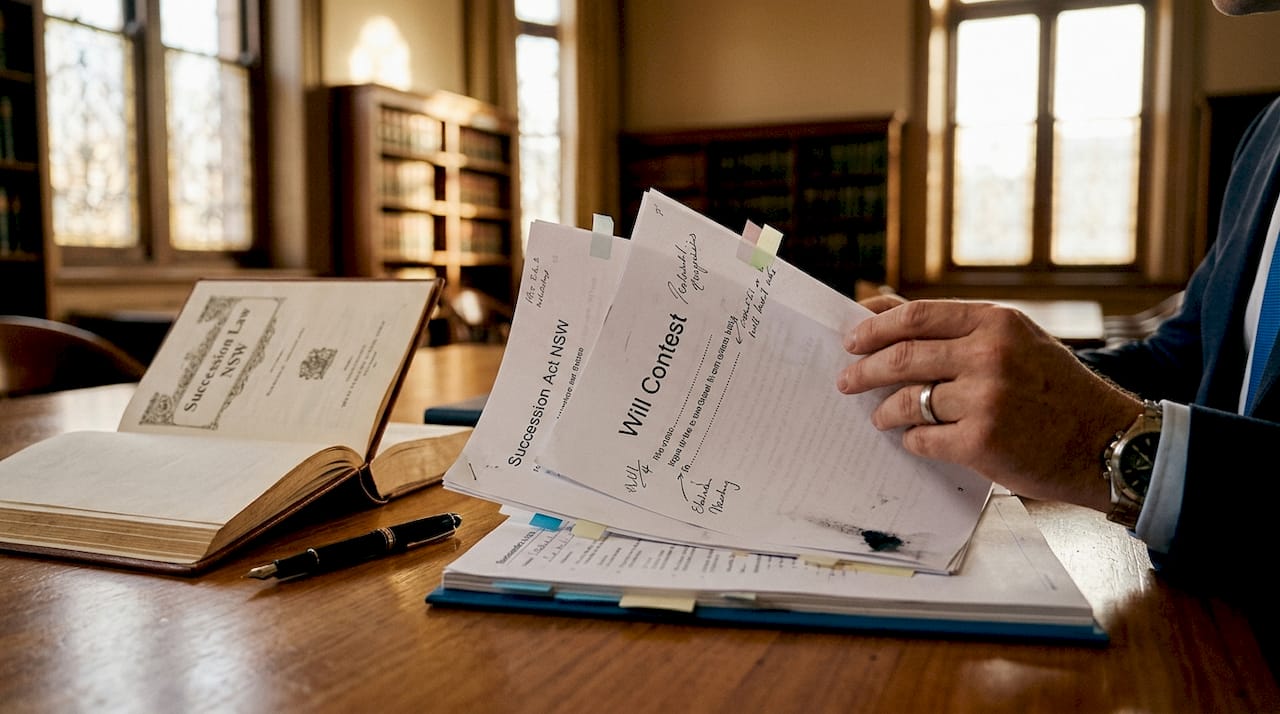 Close-up of legal documents for will challenge