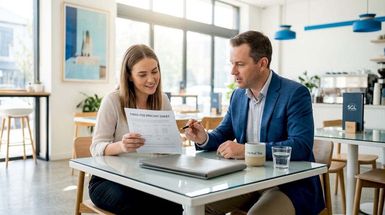Client and solicitor discussing fixed fee pricing