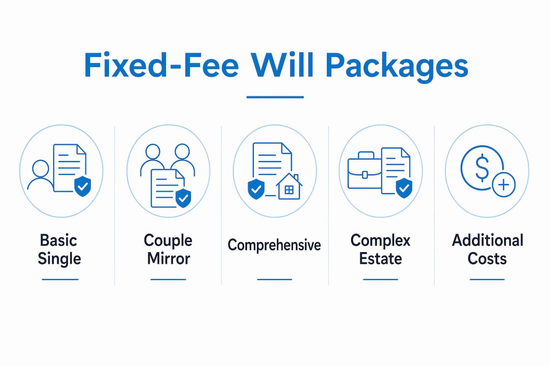 Infographic showing fixed-fee will package tiers in Sydney