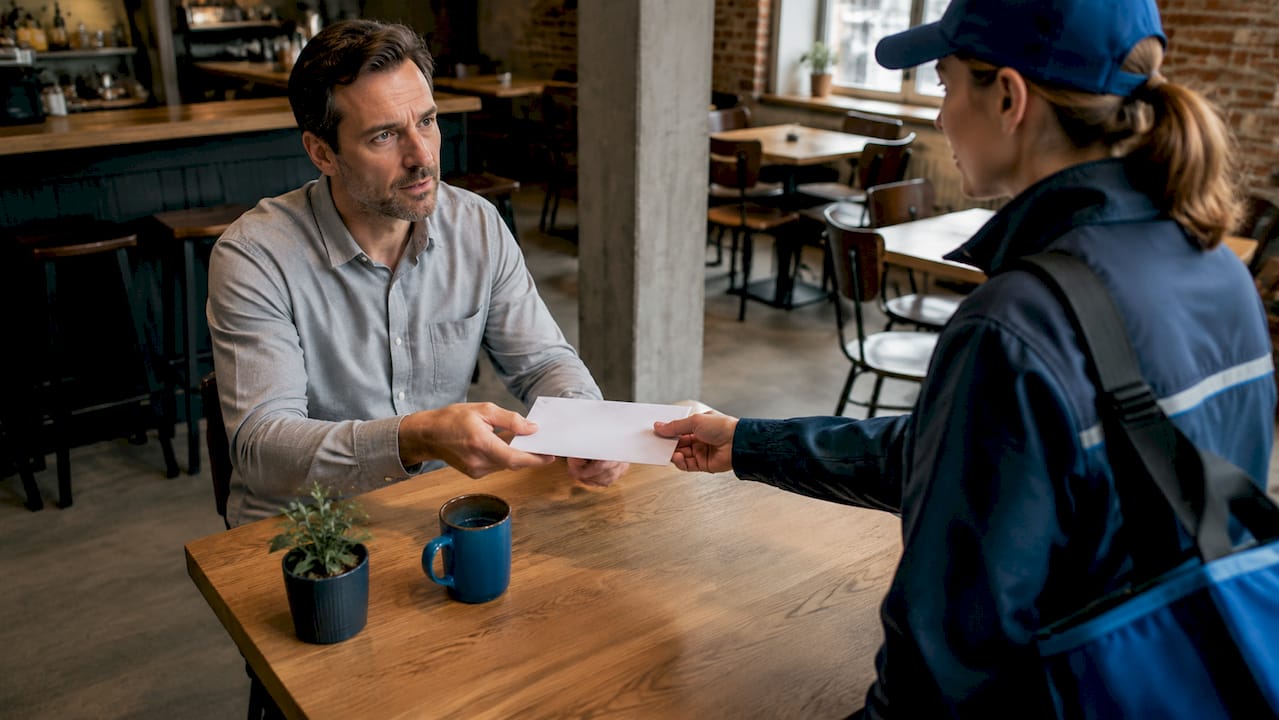 Man receiving formal legal notice from postwoman
