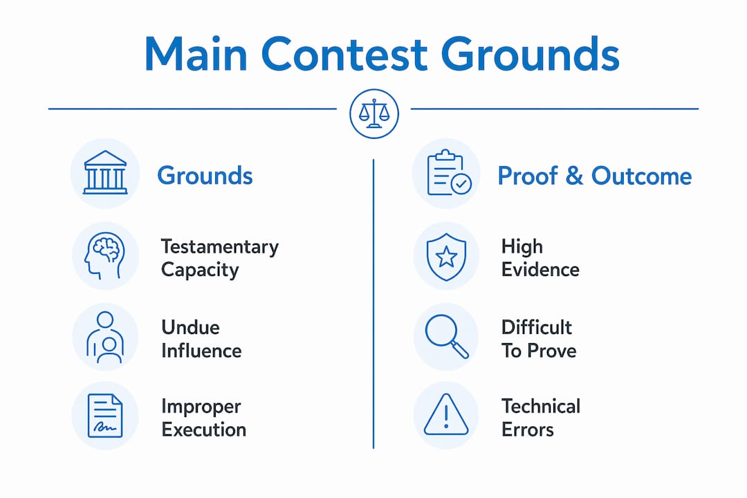 Infographic comparing main grounds for contesting a will with proof and outcomes