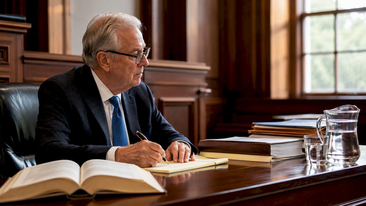 Lawyer preparing notes in courtroom