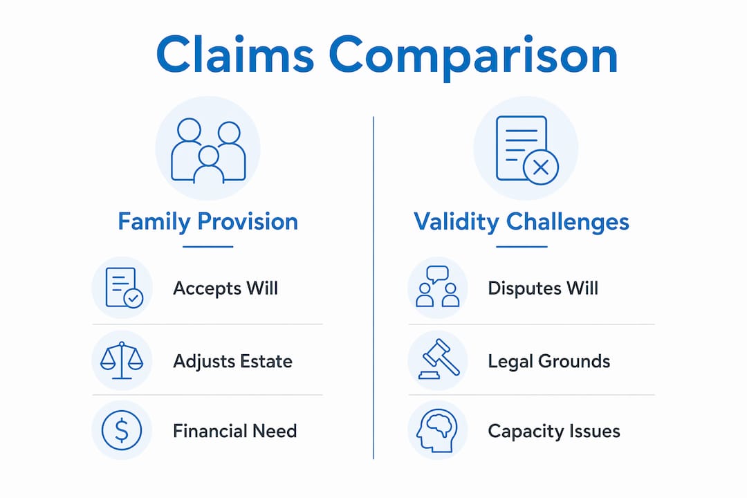 Infographic comparing family provision claims and will validity challenges