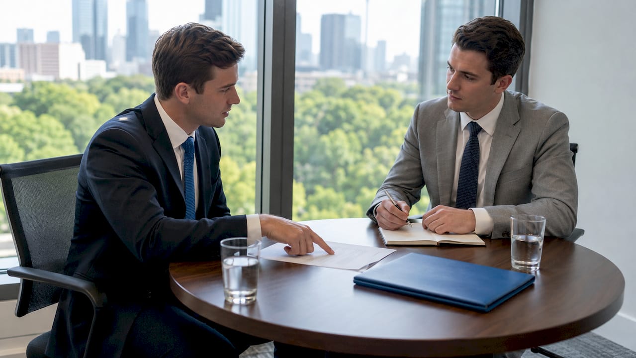 Two men discussing executor dispute in law office
