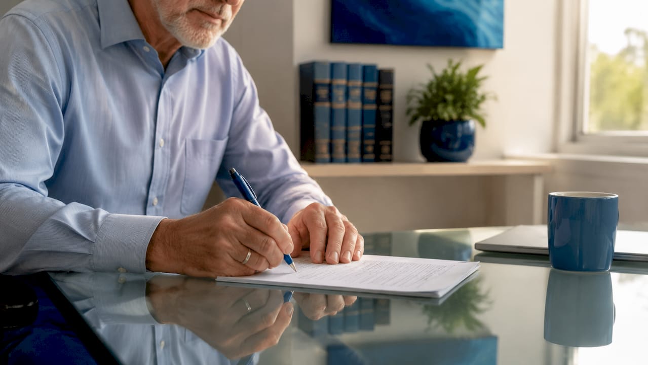 Hands filling out caveat form on wooden table