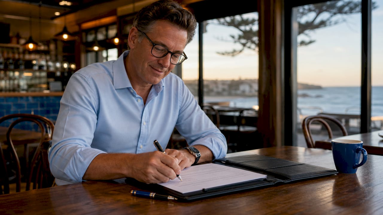 Man signing will in legal office