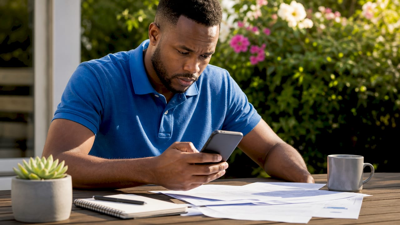 Father reviewing life insurance documents at desk