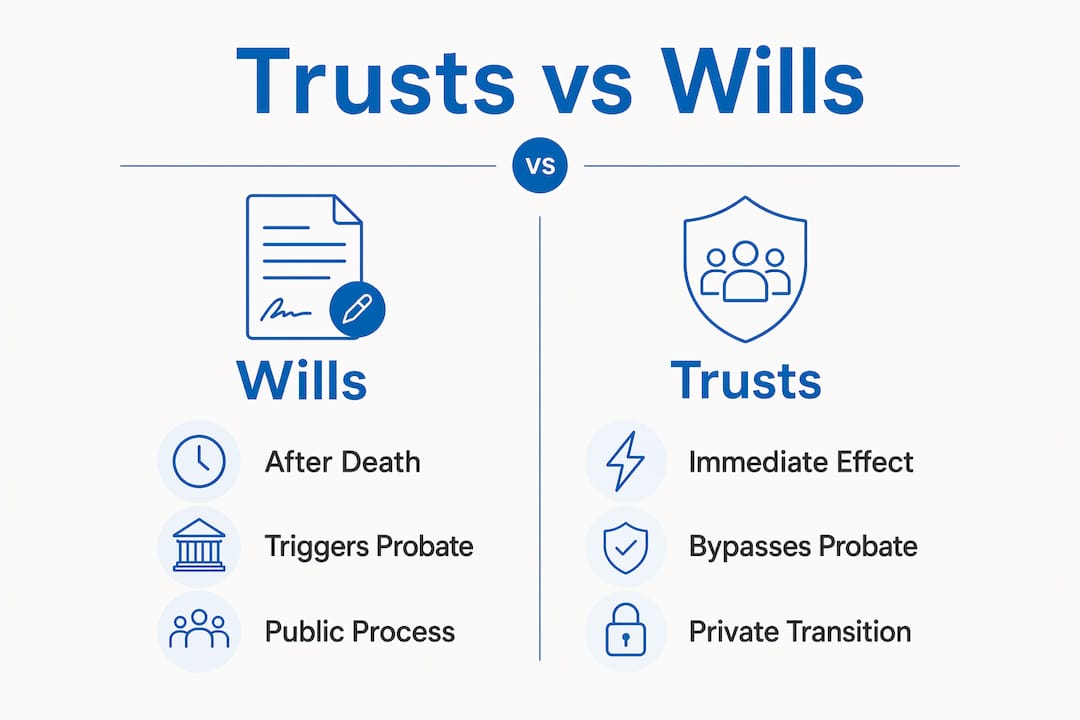 Infographic comparing trusts and wills in business succession