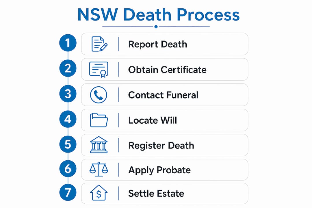 Infographic showing key steps after death in NSW