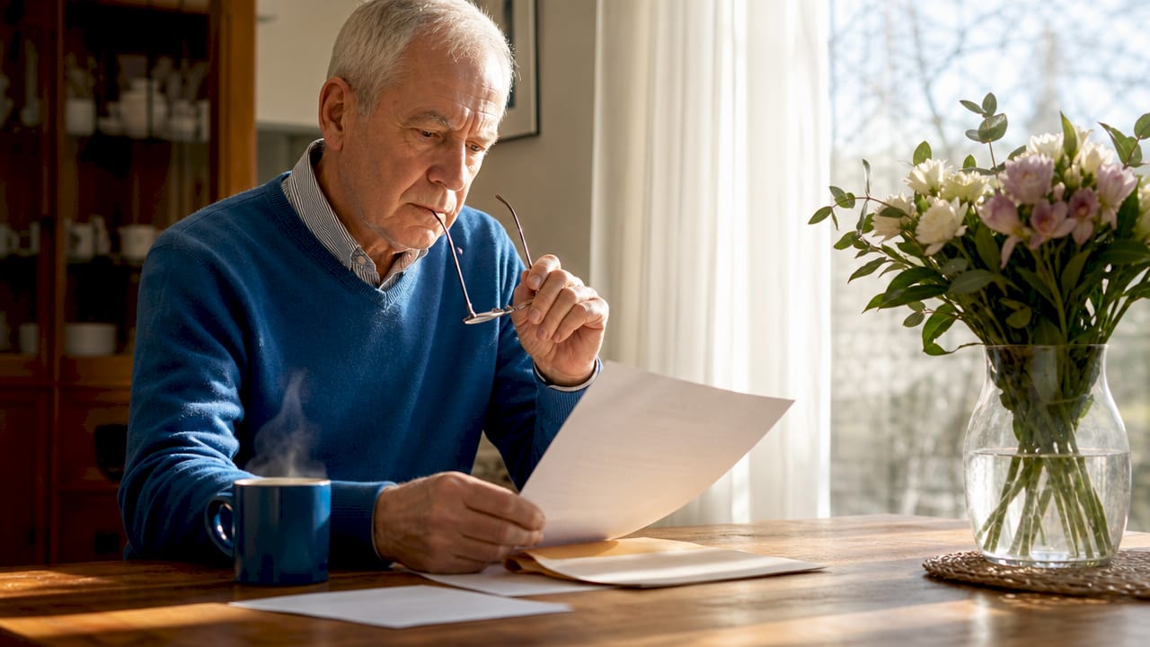 Elderly man reading last will in home office