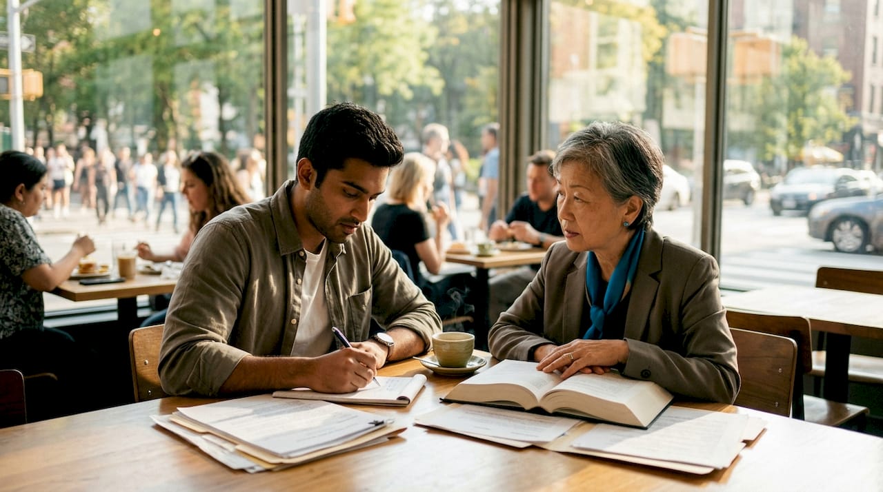 Two people discussing interest-based negotiation in study room