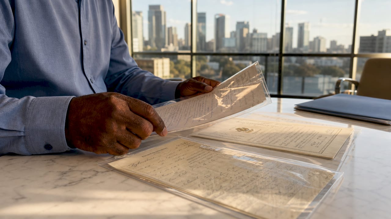 Hands organizing NSW inheritance legal documents on desk
