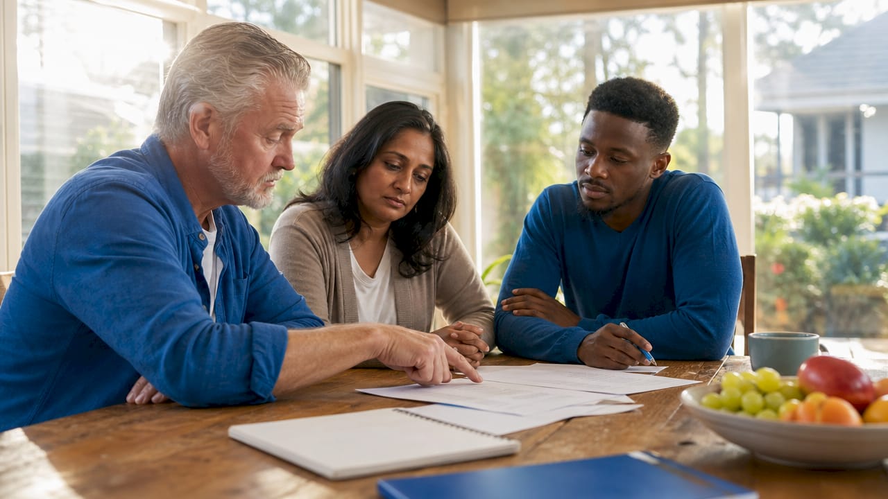 Family discussing estate documents at table