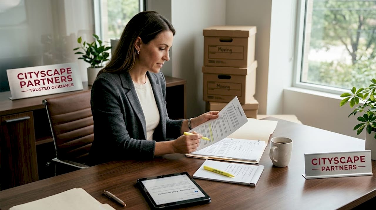 Homebuyer reviewing closing documents at kitchen island
