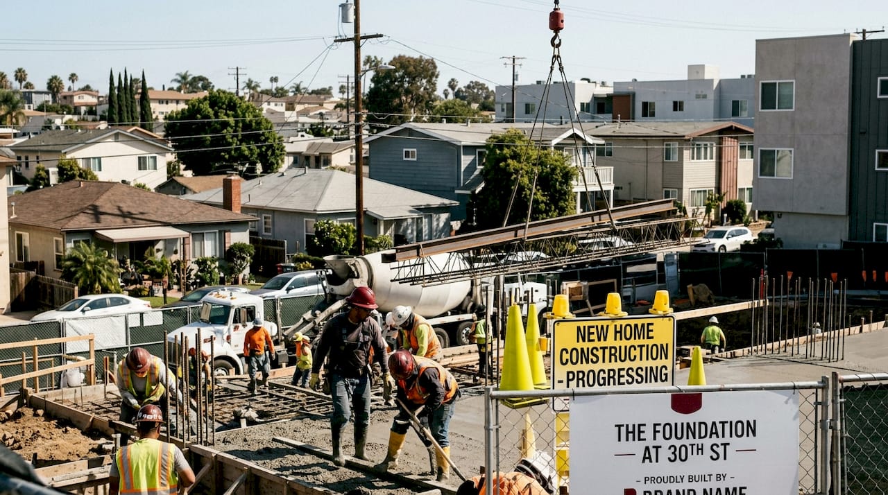 Urban infill housing construction site in San Diego