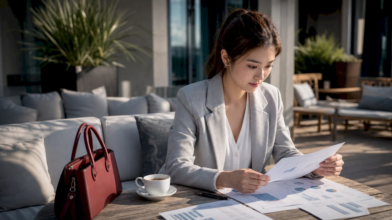 Real estate agent examining market statistics in café
