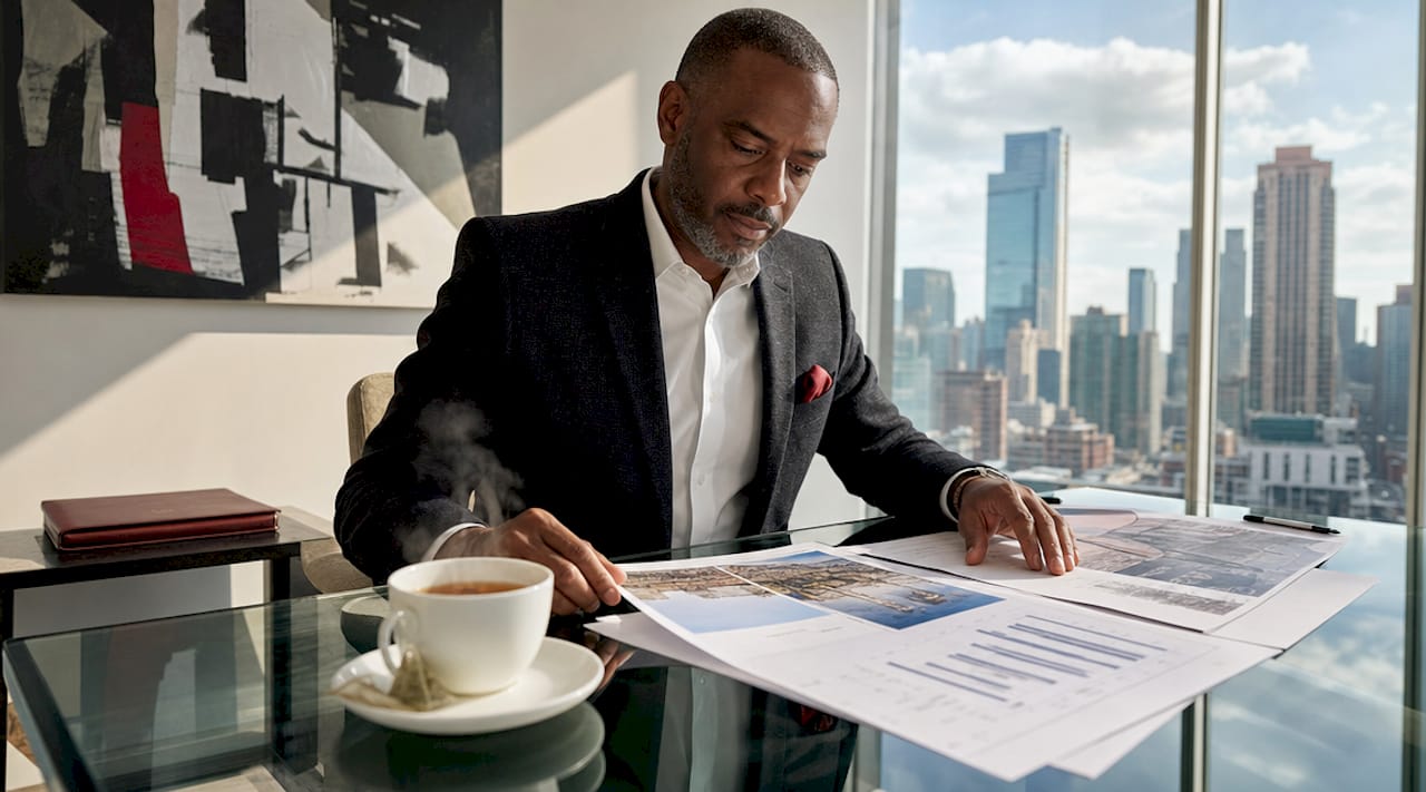 Investor reviewing luxury real estate report in office