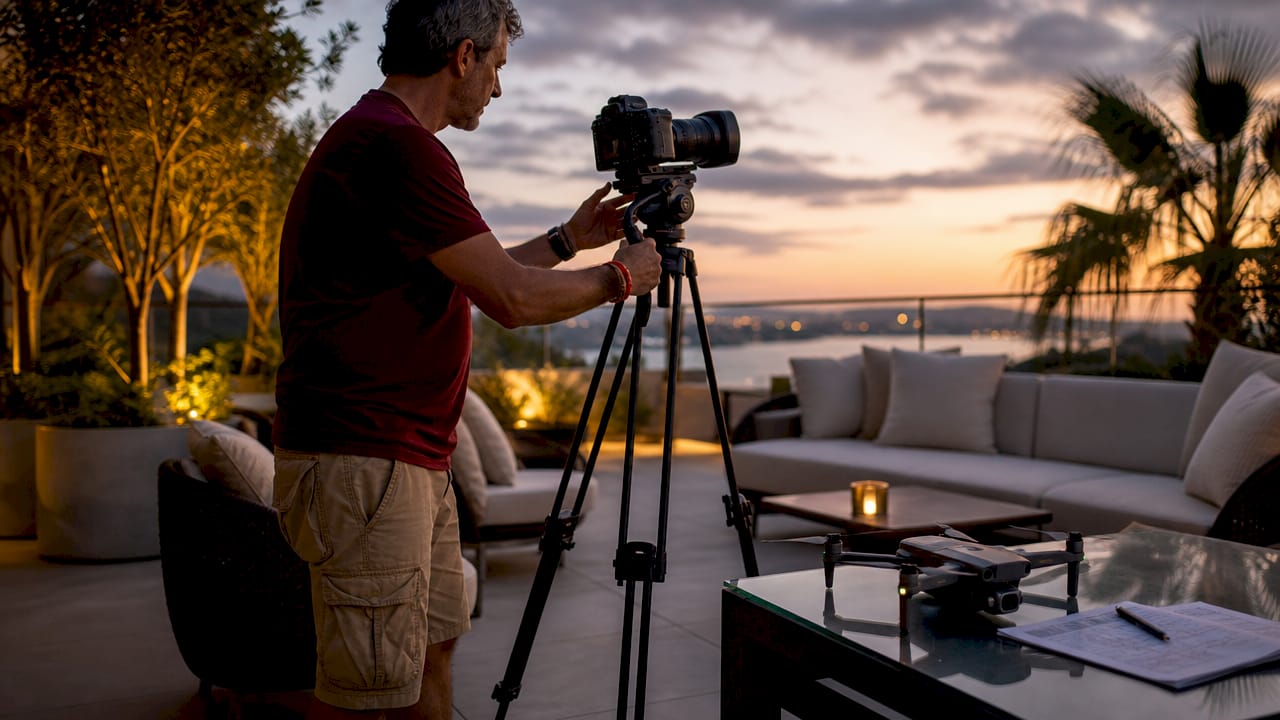 Videographer preparing shoot in luxury home interior