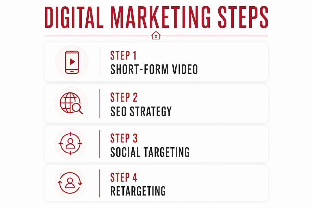 Infographic illustrating key digital marketing tactics for luxury real estate
