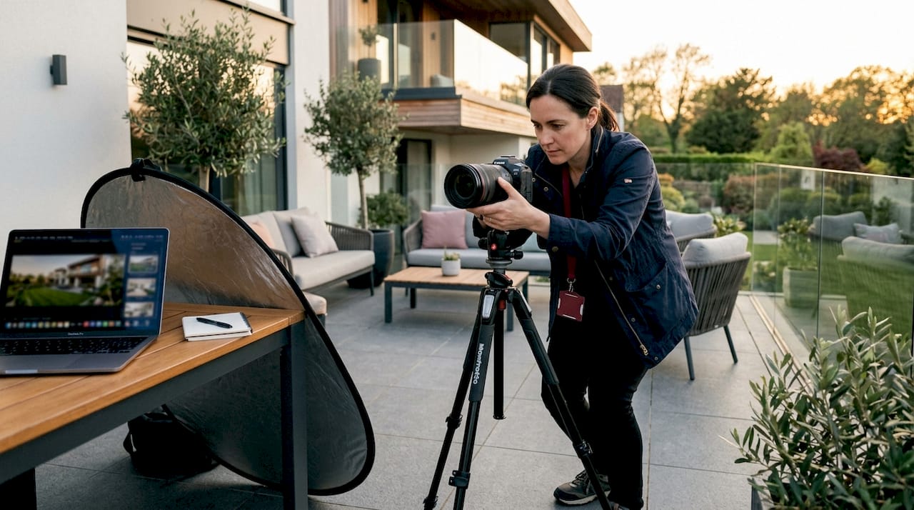 Photographer preparing camera inside luxury home living room